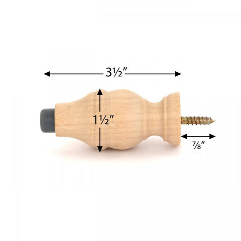 3 5/8 Inch Wall Mount Victorian Maple Wood Door Stopper With Rubber Tip, side view showing measurements, unfinished ready to paint