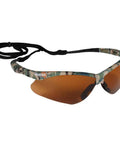 Heavy Duty Sports Safety Glasses Featuring Fresh Camo Frames And Bronze Tint Lenses For Top Shelf Job Site Protection And Hella Comfy Six Pair Value Pack With Solid Impact Resistance, with strap.