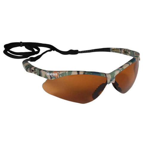 Heavy Duty Sports Safety Glasses Featuring Fresh Camo Frames And Bronze Tint Lenses For Top Shelf Job Site Protection And Hella Comfy Six Pair Value Pack With Solid Impact Resistance, with strap.