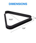 Black Plastic Billiard Rack Set For 8-Ball Triangle And 9-Ball Diamond Fits Standard 2 1/4 Inch Pool Balls showing dimensions