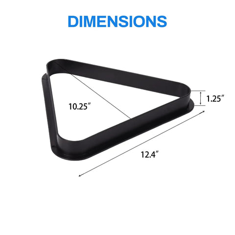 Black Plastic Billiard Rack Set For 8-Ball Triangle And 9-Ball Diamond Fits Standard 2 1/4 Inch Pool Balls showing dimensions