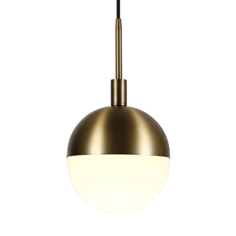 Eight Inch Wide Small Pendant Light With Glass Shade In Brass And White Milk Glass Perfect For Modern Kitchens And Compact Spaces