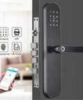 Ultra Secure Biometric Fingerprint Door Lock With Seamless App Control And All Weather Build visible on a door with keypad and smartphone access.