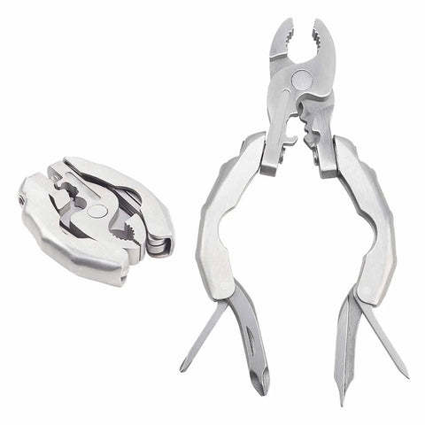 Open and closed views of Folding Multitool Pliers 9 In 1 For Repairing And Survival On The Go, stainless steel, compact design