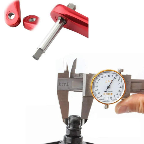 9/16-20 HSS Tap Set for Bicycle Crank Repair with Left and Right Threaded Taps, shown with measurement tool and crank hole close-up