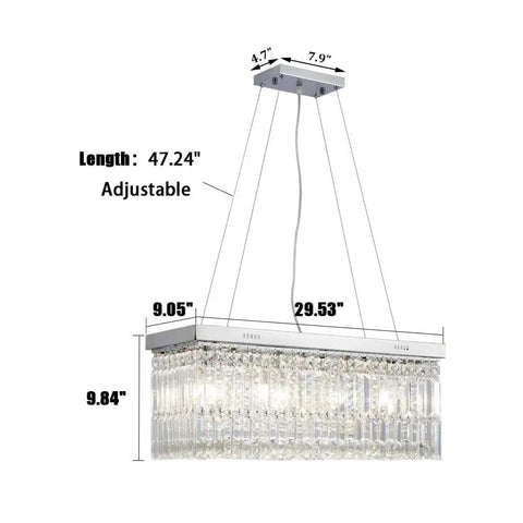 Modern Raindrop K9 Crystal Rectangle Showstopper Chandelier With 11-Light Linear Pendant, showing dimensions and adjustable chain