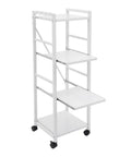 White 4 Tier Rolling Kitchen Cart With Pull Out Shelf Adjustable Middle Racks And Secure Locking Wheels Microwave Stand view showing three open shelves