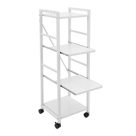 White 4 Tier Rolling Kitchen Cart With Pull Out Shelf Adjustable Middle Racks And Secure Locking Wheels Microwave Stand view showing three open shelves