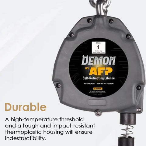 Solid Workhorse Fifty Foot Self Retracting Lifeline Anti Twist Swivel Housing Heavy Duty Double Gate Hook Osha Ansi Certified Fall Arrest Limiters For Jobsite Crews close-up view of durable thermoplastic housing.