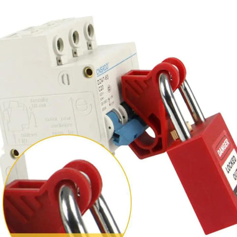 Close-up of a breaker with a red lockout device from 90 Piece Lockout Tagout Kit With Red Tool Box For Electrical Safety.
