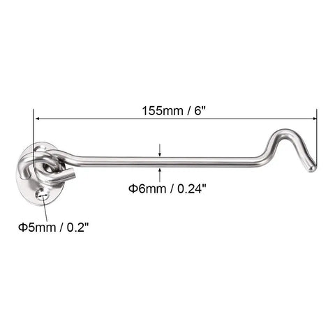 Cabin Hook and Snap Latch for Gate Door Window with Mounting Screws, stainless steel, 155mm/6" length, 6mm/0.24" diameter.