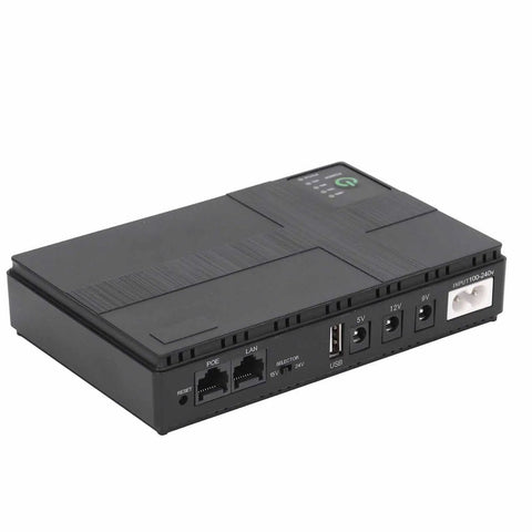 Compact 10400mAh UPS Battery Backup With 36W Output for home office, showing ports for 5V, 9V, and 12V connectivity.