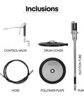 Inclusion components of 50 To 1 Air Operated Grease Pump Kit For 16 Gal Pails With 7500 PSI High Pressure Heavy Duty Set including hose, pump, control valve, drum cover, suction tube, and follower plate.