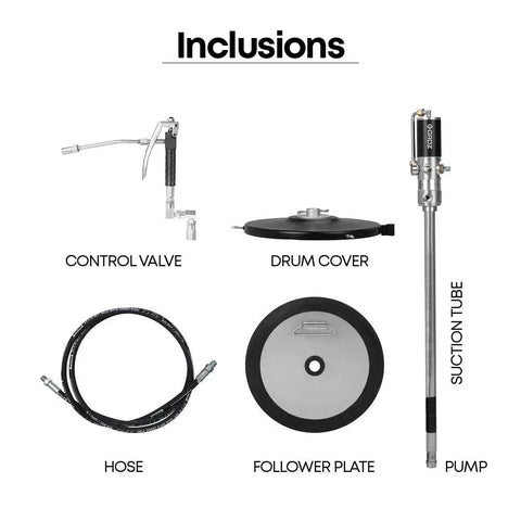Inclusion components of 50 To 1 Air Operated Grease Pump Kit For 16 Gal Pails With 7500 PSI High Pressure Heavy Duty Set including hose, pump, control valve, drum cover, suction tube, and follower plate.