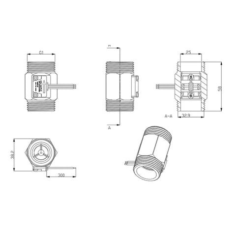 Tiny Yet Mighty Water Flow Sensor With Hall Effect Technology G1 DN25 2 To 50 Liters Per Minute 3.5 To 24 Volts Pulse Output For Precise Flow Totalizing And Closed-Loop Control In Small Appliances Dispensers And Cooling Systems dimension drawing