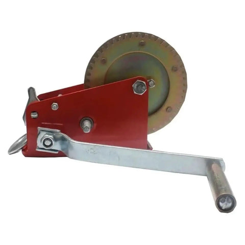 Manual winch with heavy duty beefed up webbing for vehicle recovery and cargo handling, red casing, side view.
