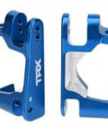 Blue Anodized 6061-T6 Aluminum Caster Blocks Set Left And Right For RC Traxxas Stampede 4X4, Slash 4X4, And XO-1, Preserves Steering And Suspension Geometry, Laser-Etched TRX Logo, Durable Track-Ready Upgrade.