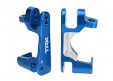 Blue Anodized 6061-T6 Aluminum Caster Blocks Set Left And Right For RC Traxxas Stampede 4X4, Slash 4X4, And XO-1, Preserves Steering And Suspension Geometry, Laser-Etched TRX Logo, Durable Track-Ready Upgrade.