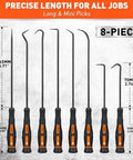 HORUSDY 8-piece hook and pick set, front view, orange/black ergonomic handles for automotive use