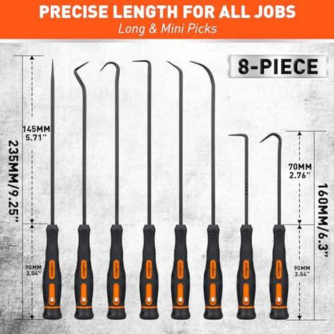 HORUSDY 8-piece hook and pick set, front view, orange/black ergonomic handles for automotive use