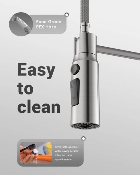 High Arc Kitchen Faucet With Pull Down Sprayer And Soap Dispenser, Stainless Steel Brushed Nickel Finish, close-up of sprayer and hose.