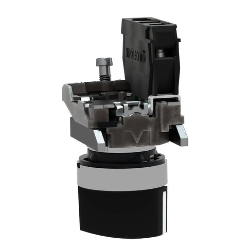 XB4BD21 2 Position Selector Switch with metal bezel, rugged black module, 22mm panel mount, for industrial machinery, side view