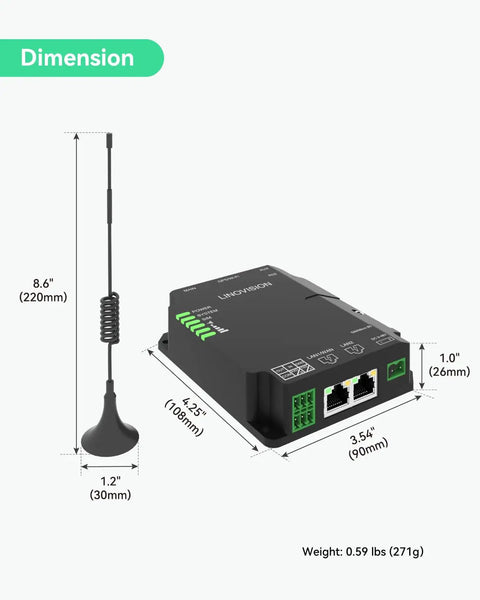Rugged Industrial 4G LTE Cat4 Router With WiFi For Remote Sites, Dual SIM DTU Gateway, RS485 Support, IoT Sensors, device dimensions.