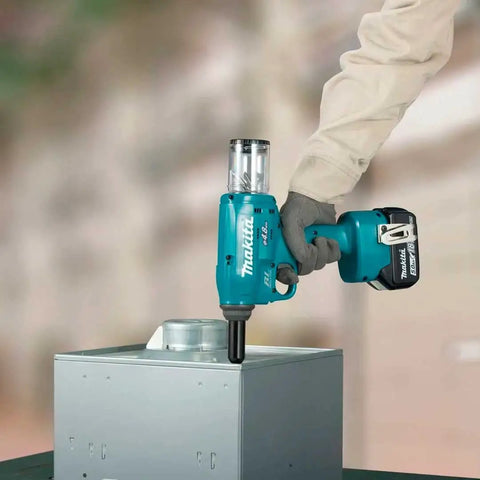 Heavy Duty Brushless Rivet Gun 18V Cordless Power Tool Built For Tight Squeeze Jobs And Close Wall Riveting in use on metal box.