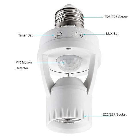 Motion Sensor Light Socket PIR E26 Bulb Adapter Auto On Off Night Light For Garage Basement Pantry Storage Room Easy Install Plug And Play No Fuss Lighting Solution, white plastic E26/E27 socket with PIR sensor