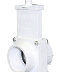 Front view of white Valterra PVC gate valve with T-handle, 2-inch FPT x slip