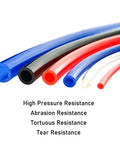 Various colored PU tubing hoses displayed, includes Five Sixteenth Inch PU Tubing Hose For Air Compressors And Fluid Transfer, 32.8 Feet Long, Blue.