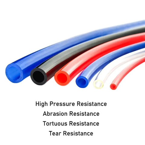 Various colored PU tubing hoses displayed, includes Five Sixteenth Inch PU Tubing Hose For Air Compressors And Fluid Transfer, 32.8 Feet Long, Blue.