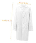 Front view of Men's Long Sleeve Lab Coat For Medical Pros Comfortable Doc Costume For Adults Unisex Design Ideal For Med Students, Lab Work, And Classroom Settings with size dimensions.