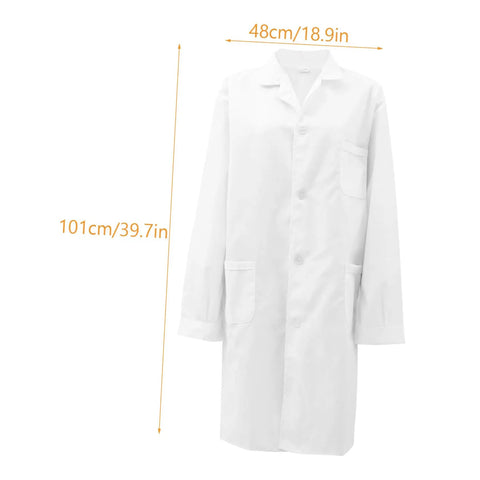 Front view of Men's Long Sleeve Lab Coat For Medical Pros Comfortable Doc Costume For Adults Unisex Design Ideal For Med Students, Lab Work, And Classroom Settings with size dimensions.