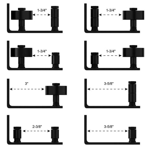 Flush Floor Sliding Barn Door Roller Guide Set With Wall Mounted Hardware, Adjustable View Showing Dimensions in Black