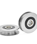 Two stainless steel deep U-groove ball bearing pulleys with 12 mm inner bore, 50x13 mm.