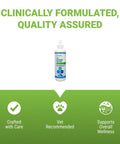 Bottle of Gentle Ear Cleaning Solution For Cats And Dogs, Easy To Use Drops That Remove Dirt And Debris, 8 ounces, text overlay.