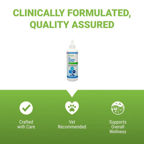 Bottle of Gentle Ear Cleaning Solution For Cats And Dogs, Easy To Use Drops That Remove Dirt And Debris, 8 ounces, text overlay.