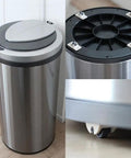 Four Pack Self Adhesive Directional Caster Wheels For Kitchen Cabinets Drawer Units And Storage Bins Hella Smooth Ball Bearings mounted on a stainless steel trash bin.