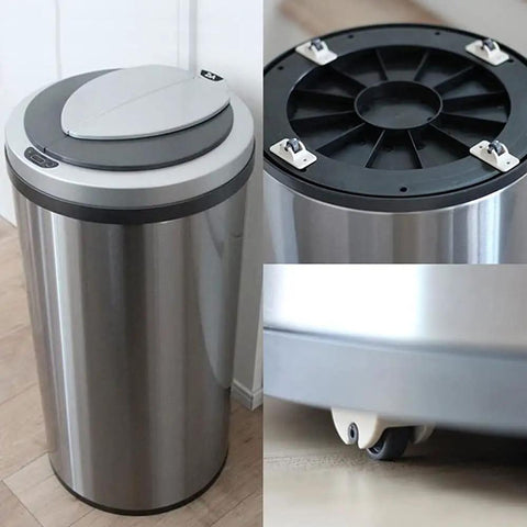 Four Pack Self Adhesive Directional Caster Wheels For Kitchen Cabinets Drawer Units And Storage Bins Hella Smooth Ball Bearings mounted on a stainless steel trash bin.