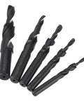 Front view: set of five black HSS cobalt two-stage step drill bits for metal drilling.