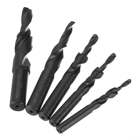 Front view: set of five black HSS cobalt two-stage step drill bits for metal drilling.