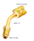 R410A Adapter Five Sixteenth Inch SAE Female To Quarter Inch SAE Male Flare For Air Conditioners HVAC Two Pack angled brass