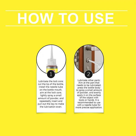Instructions for applying Graphite Lock Lubricant Powder 8g Two Pack For Lock Cylinders Keys Padlocks U Locks And Doors.
