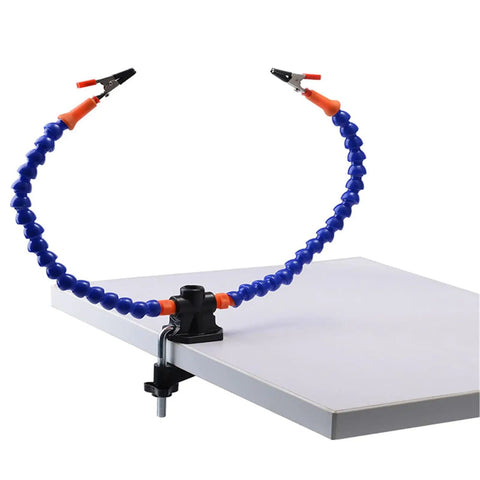 Two Arm Third Hand Soldering Station with Flexible Arms for PCB Work, mounted on table edge with non-slip clamp.
