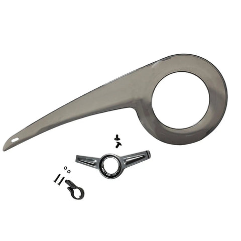 Universal Bike Chain Protector Guard For 32T-38T Sprockets shown with black finish and buckle, durable plastic shield and installation parts