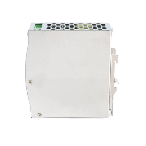 Industrial Power Supply NDR 120 24V 5A 120W Rail Mount Ready, AC Input 100 240V, Built For Heavy Duty Industrial Use and Stable Output That Keeps Your Rigs Running Smooth, silver metal rail-mount unit