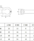 Technical diagram showing dimensions of screw pin anchor shackles, including M6 size. 4 Pack Screw Pin Anchor Shackles For Traction Steel Wire One Quarter Inch Six Millimeter Heavy Duty Stainless Steel 304 Rustproof For Towing Camping Construction Hauling Hanging.