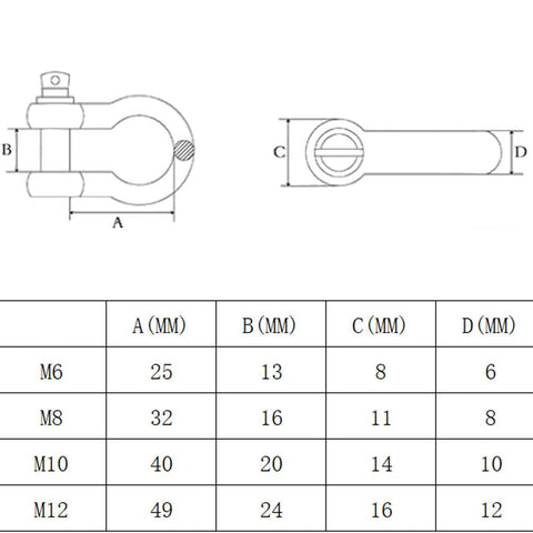 Technical diagram showing dimensions of screw pin anchor shackles, including M6 size. 4 Pack Screw Pin Anchor Shackles For Traction Steel Wire One Quarter Inch Six Millimeter Heavy Duty Stainless Steel 304 Rustproof For Towing Camping Construction Hauling Hanging.