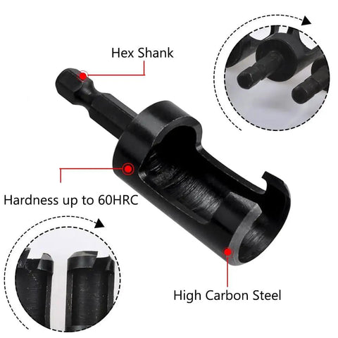 Heavy Duty Wood Plug Cutter Drill Bit Set Featuring Straight And Tapered Profiles In Four Classic Sizes Black Oxide Coated hex shank and tapered plug.